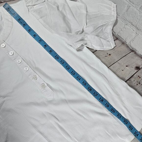 J. Crew Vintage rib puff-sleeve henley top L White BQ896 - Picture 8 of 9